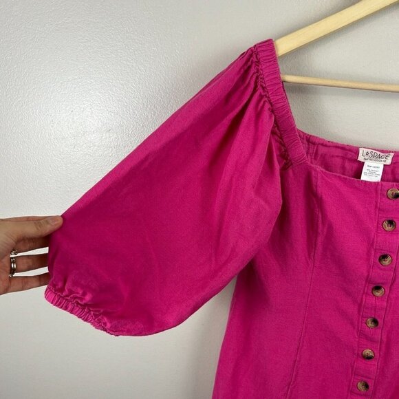 L Space Marina Button Front Dress Size Medium Pink Linen Blend Square Neck - Picture 5 of 12